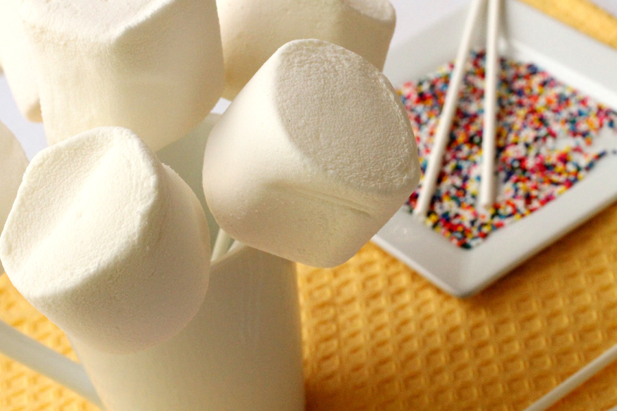 Insert a lollipop stick into each of the marshmallows stopping about 1/8 inch under the top of the marshmallow.